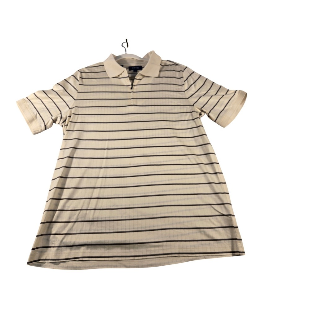 Eton Mens XL Jersey Striped Jacquard Zip Polo Shirt Cream Brn Cotton 10001076531